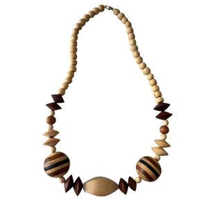 Vintage Wooden Bead Necklace Chunky Boho Ethnic Natural Wood  Abstract